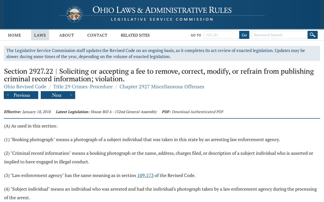 Lucas County booking-photo records and Ohio anti-pay-to-remove law source