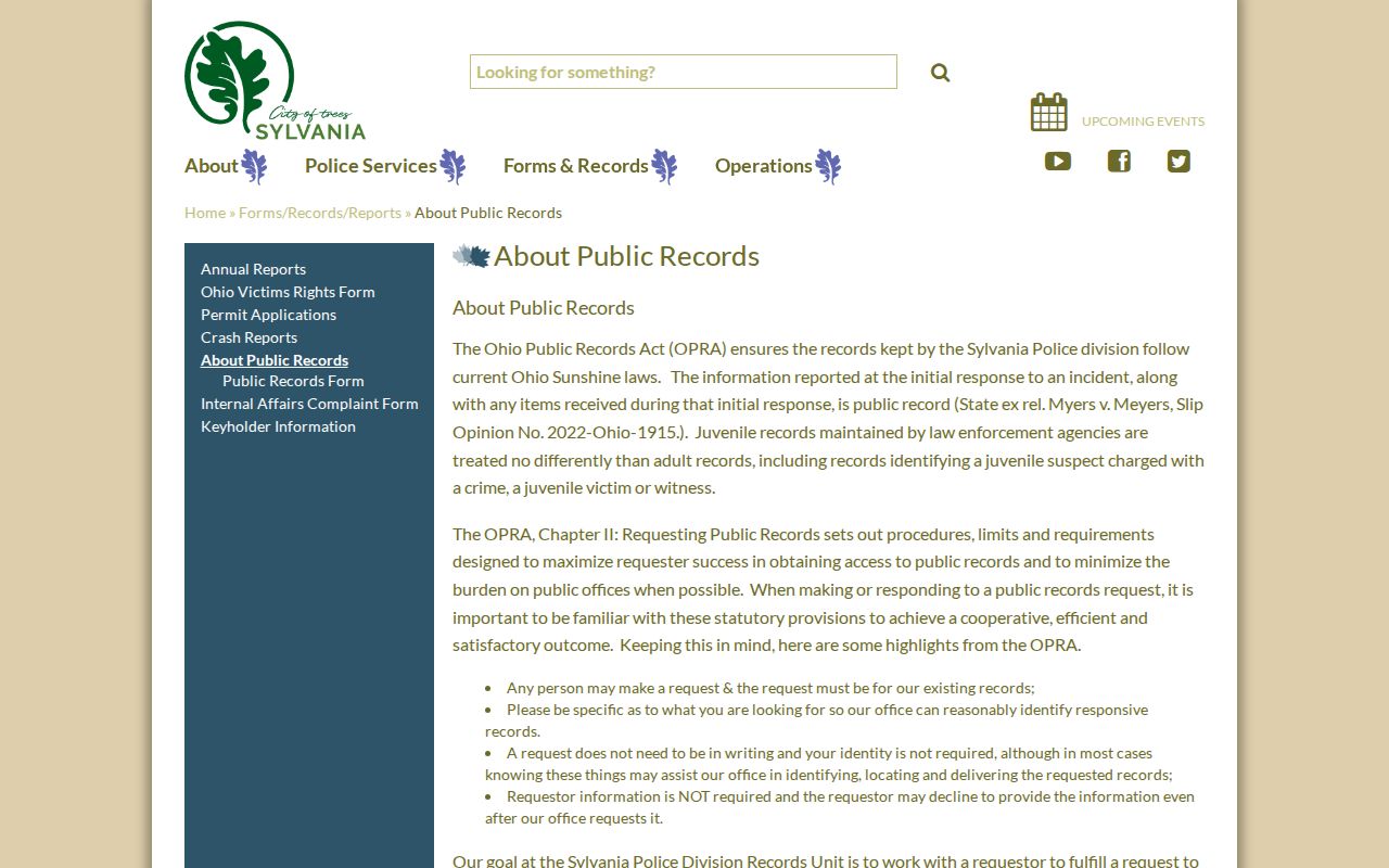 Sylvania Police Division public-records interface for Sylvania arrest records