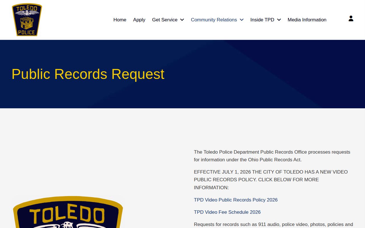 Toledo Police official public-records photograph and report request interface