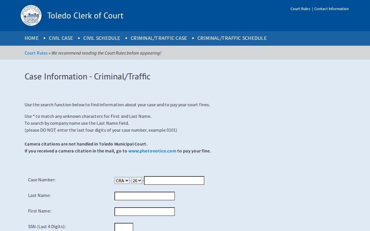 Lucas County warrant court confirmation through Toledo Municipal Court official case search